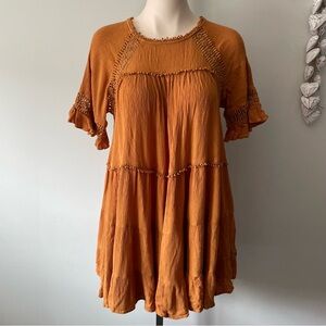 Patrons Of Peace Boho Crinkle Babydoll Crochet Mini Dress Burnt Orange Medium